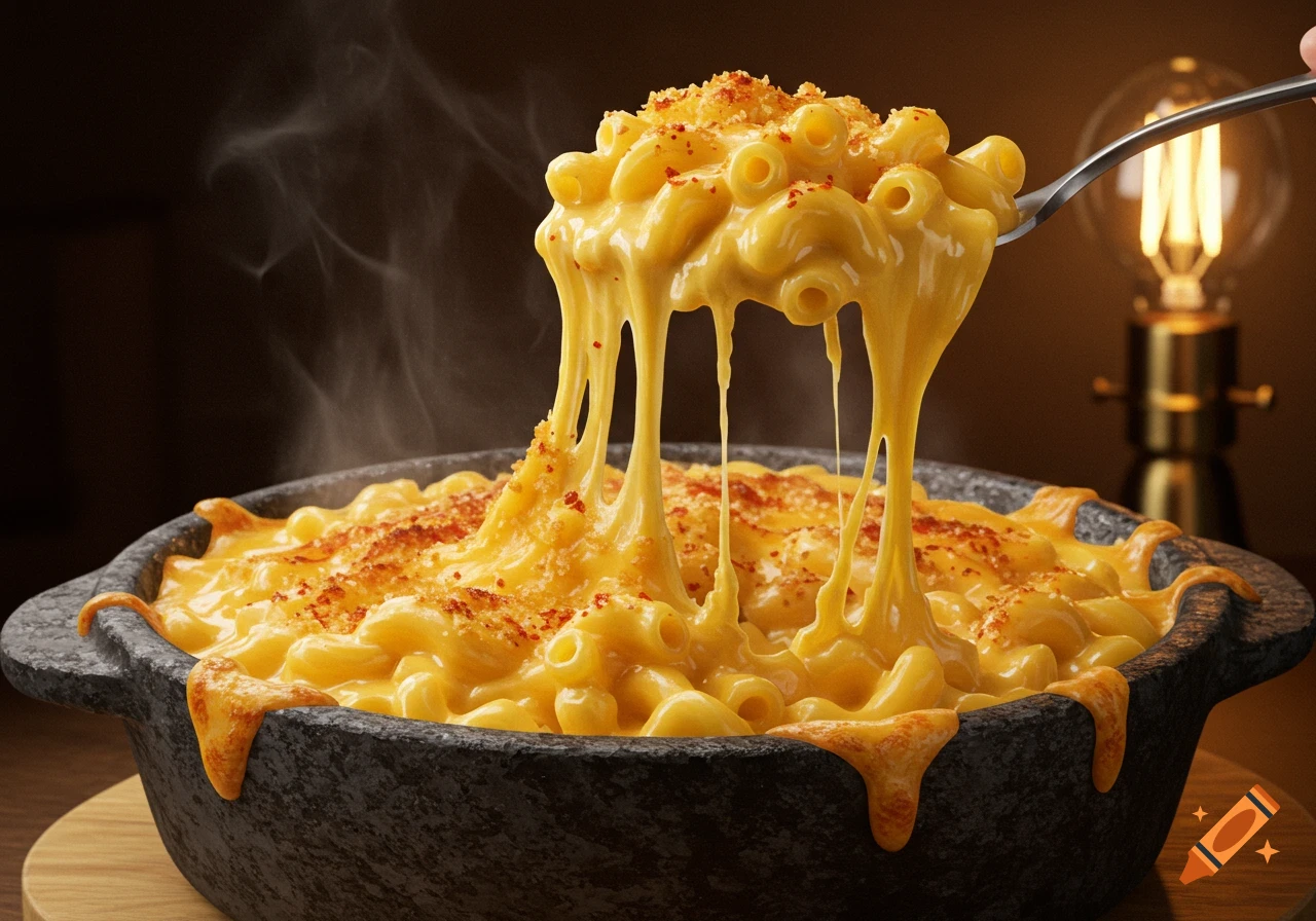 A photorealistic close-up of mac and cheese with a dramatic cheese pull from a spoon, served in a dark stone bowl.