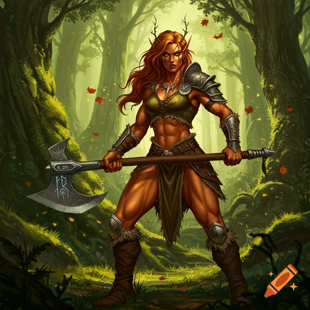 A muscular copper-skinned wood elf barbarian with reddish-brown hair and antlers wields a greataxe in a sunlit forest.