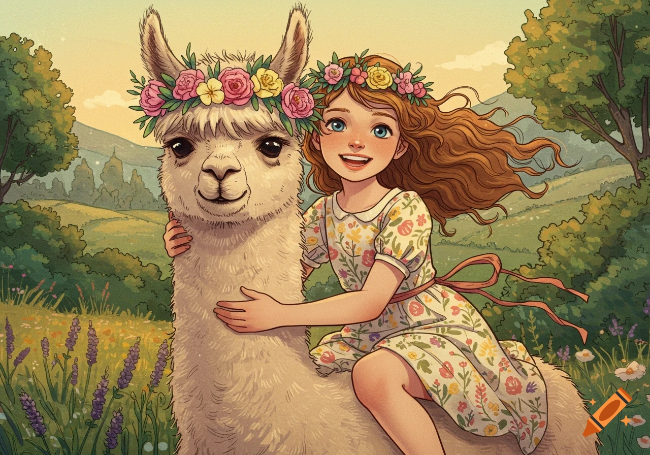 A vibrant illustration of a cute girl in a floral dress riding an alpaca, both wearing flower wreaths, in a dreamy, lush landscape.
