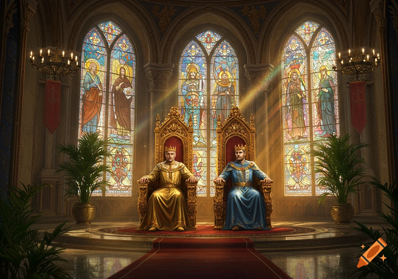 Two kings in royal robes sit on ornate golden thrones within a grand palace featuring large stained-glass windows.