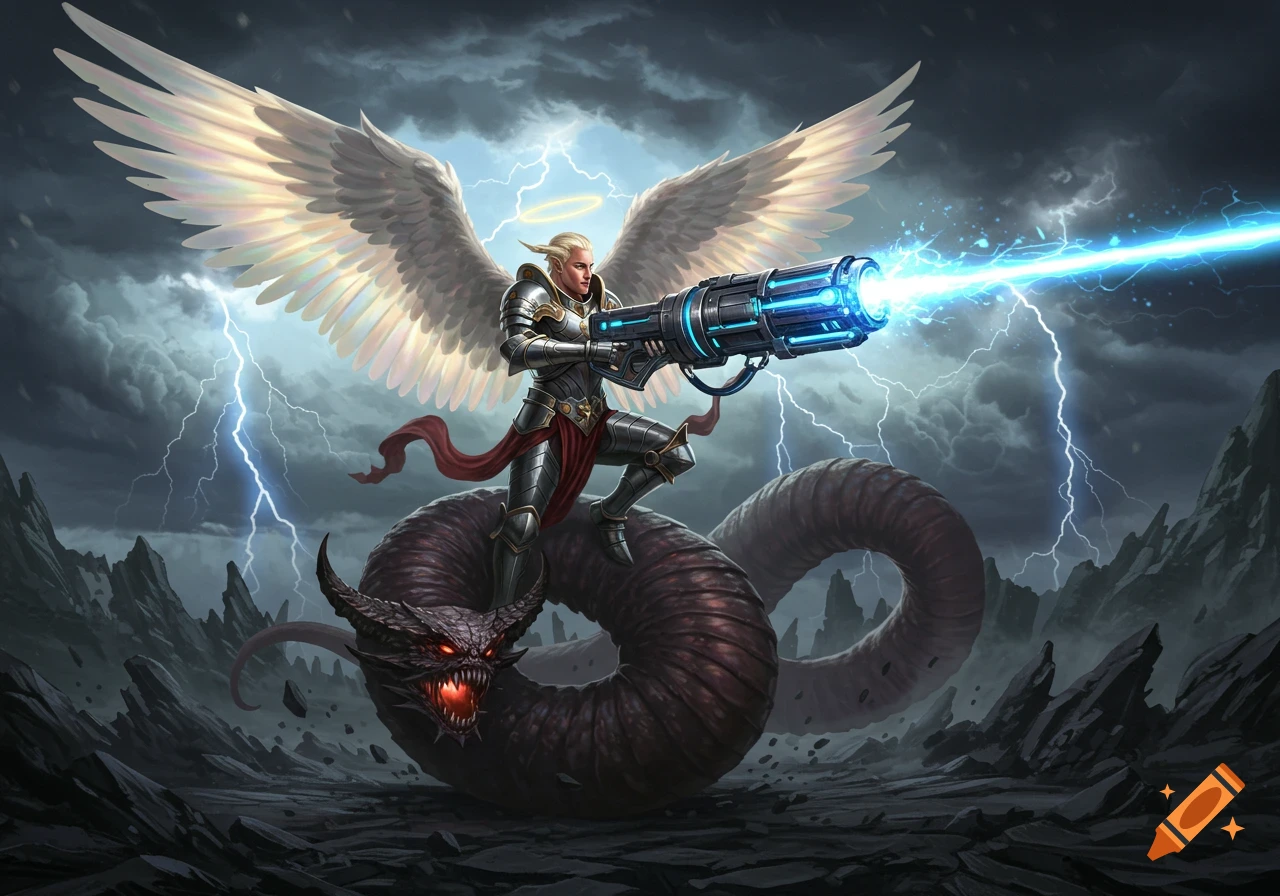 An armored angel with wings rides a demon worm, firing a blue laser cannon in a stormy, rocky landscape with lightning.