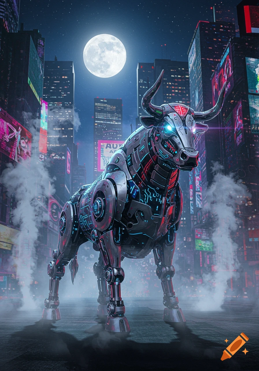 A detailed cyberpunk robotic bull stands in a neon-lit futuristic city street at night under a full moon.