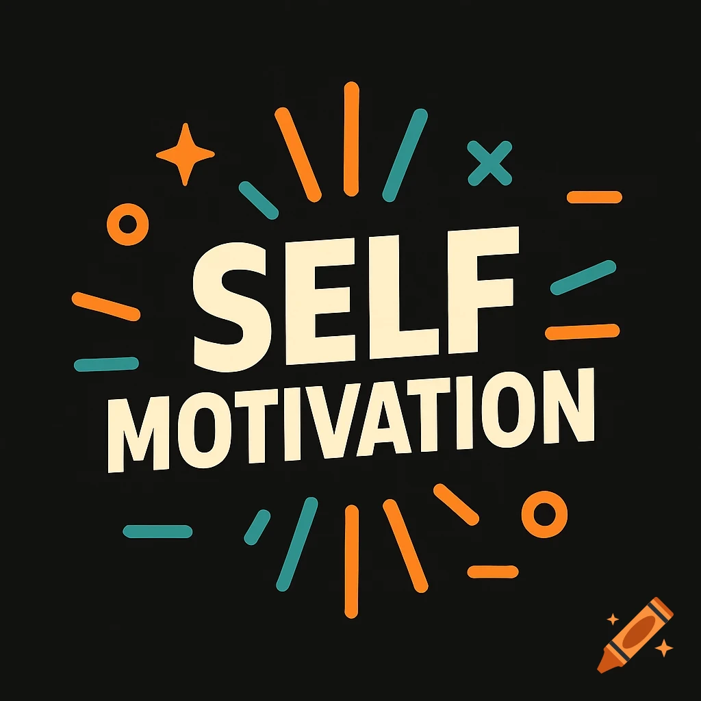 A black background with the words "SELF MOTIVATION" in a light cream color, surrounded by colorful orange and teal abstract lines and shapes.
