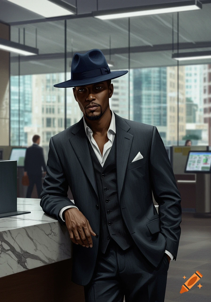 Photorealistic portrait of a stylish man in a dark suit and fedora hat, leaning on a marble counter in a modern bank lobby.
