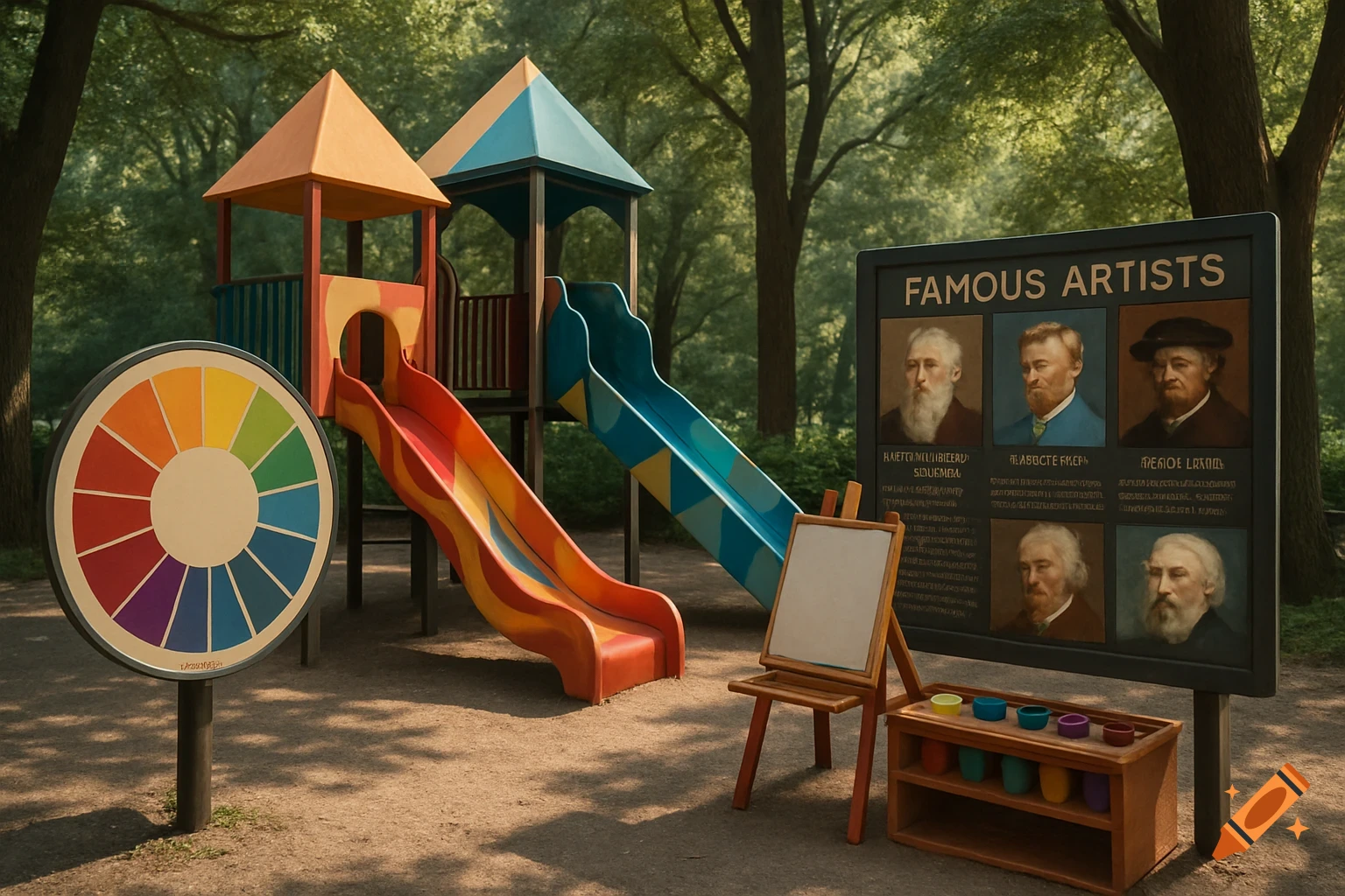 A realistic playground scene in a park with colorful slides, a large color wheel, and a display board featuring portraits of famous artists.