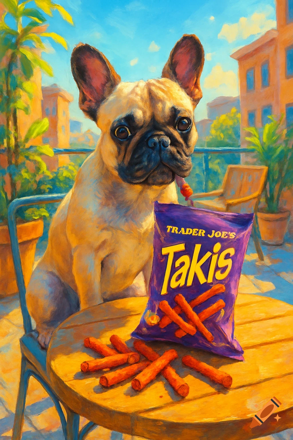 A fawn French bulldog sits on a chair on a balcony, looking at a purple bag of "Trader Joe's Takis" snacks on a wooden table, in a painterly style.