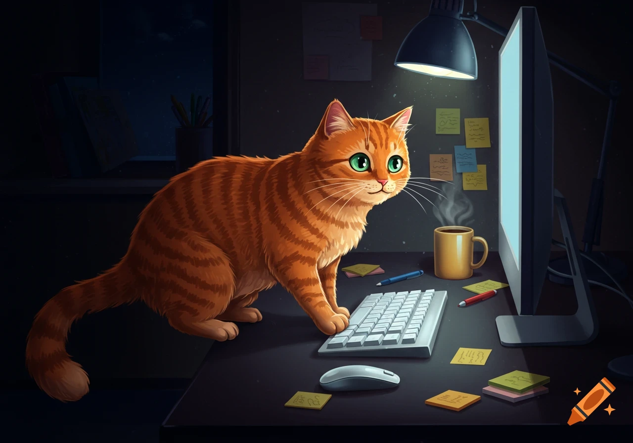 An orange tabby cat with big green eyes sits at a desk next to a keyboard and mouse, gazing at a glowing computer monitor. Digital art.