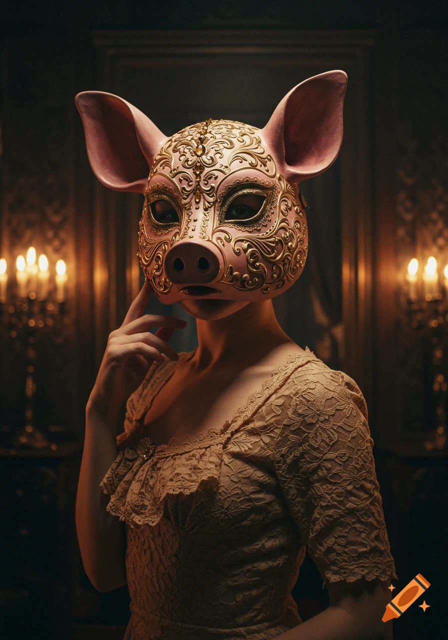 A woman in a pink and gold ornate pig mask, wearing a lace dress, with a finger to her chin, in a dimly lit, elegant room with candles.