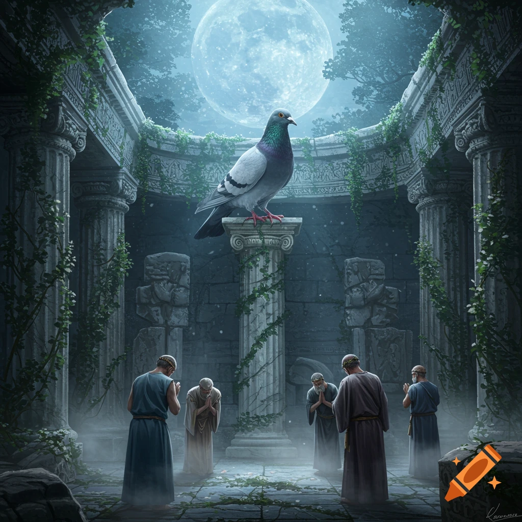 Mystical digital art: A large pigeon on a pillar in moonlit ancient ruins, with robed figures bowing before it.
