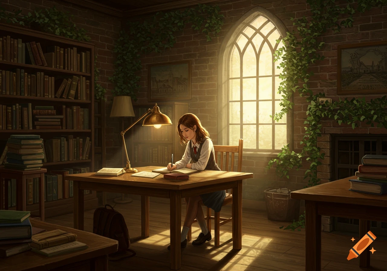 A student writes at a wooden desk in a cozy, sunlit library with bookshelves and an arched window adorned with ivy, digital painting.