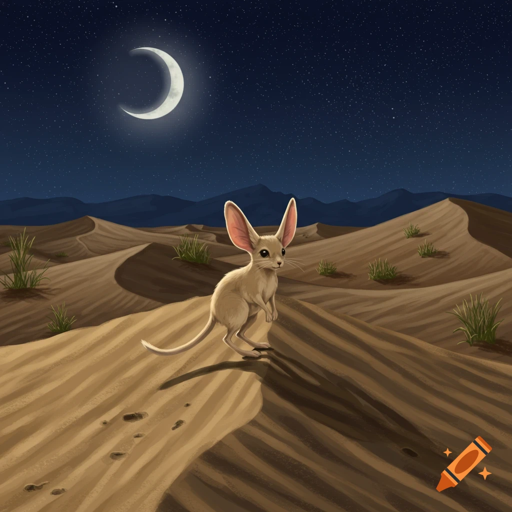 An illustration of a small jerboa with large ears standing on a sand dune in a desert at night under a crescent moon and starry sky.