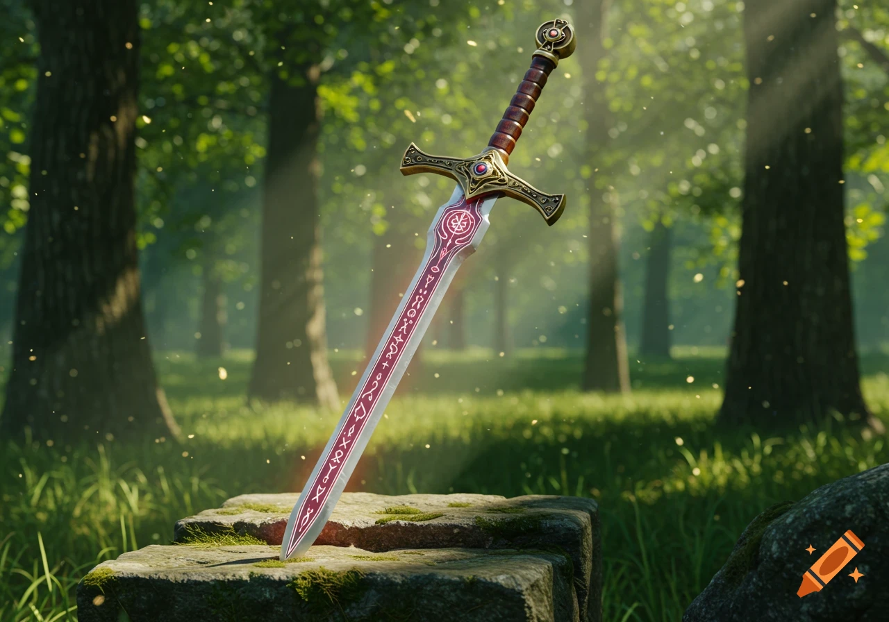 A stylized, glowing fantasy sword with runes plunged into a mossy stone in a sunlit forest.