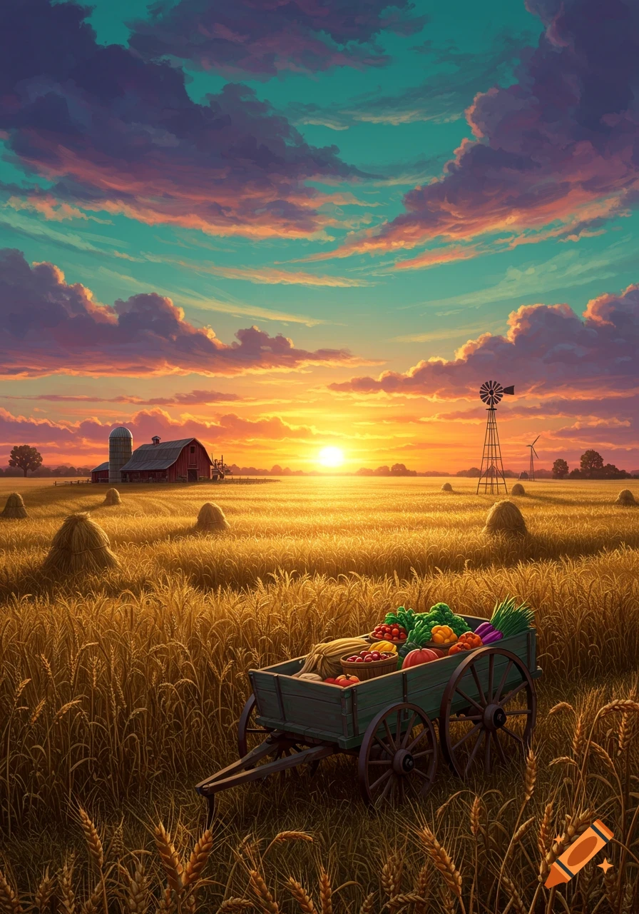 A vibrant painting of a farm field at sunset with a cart full of vegetables and a barn in the distance.