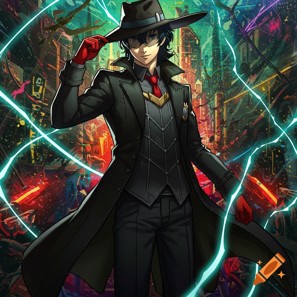 Stylish anime man with black hair and mask, wearing a black trench coat, red tie, and fedora, tipping his hat against a vibrant, abstract cityscape background.
