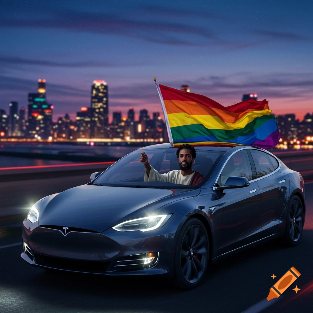 Black Jesus driving a Tesla with a rainbow pride flag waving from the sunroof, against a city skyline at dusk.