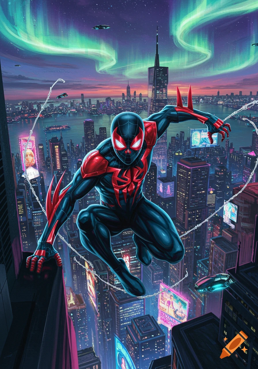 Spider-Man 2099 leaps from a skyscraper overlooking a futuristic city under a vibrant aurora borealis, comic art style.