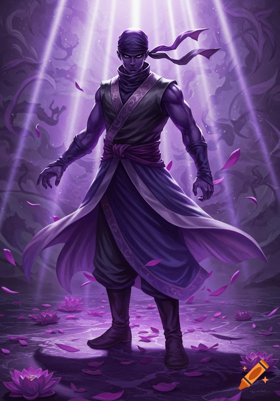 A serious, purple-skinned male character in a bandana and robes stands amidst falling purple petals and lotus flowers under radiant purple light.