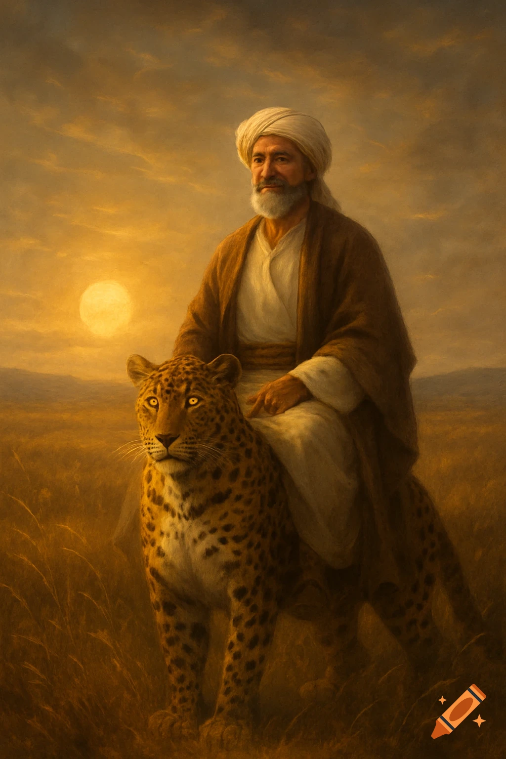 A bearded man with a turban rides a leopard through a golden grassy plain at sunset, painted in an epic style.