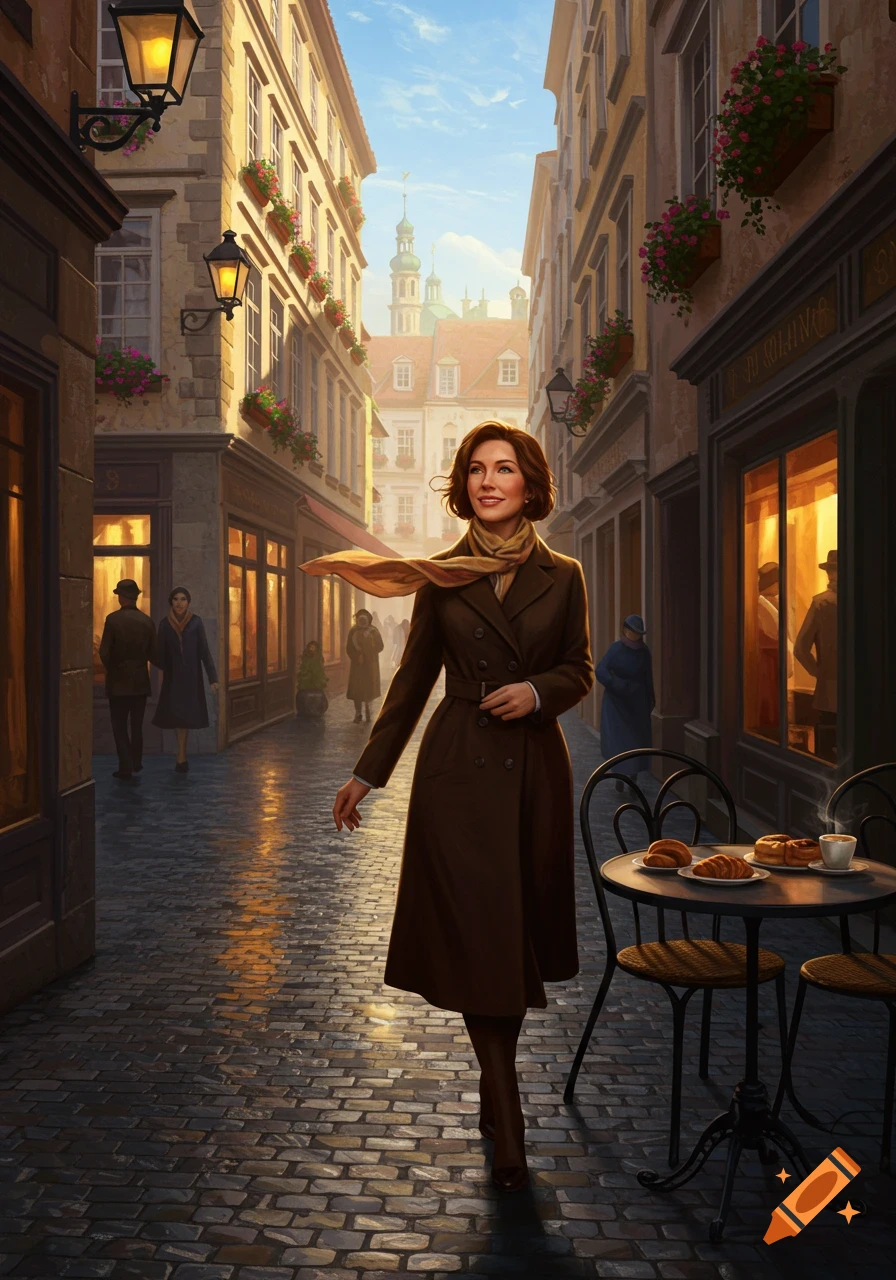 A woman in a brown coat and scarf walks along a sunlit cobblestone street lined with shops, past a cafe table with pastries.