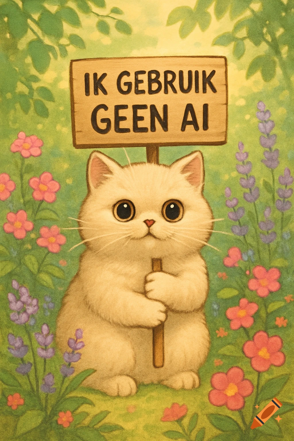 A cute, fluffy cat with big eyes holds a sign that says 'IK GEBRUIK GEEN AI' in a colorful garden illustration.
