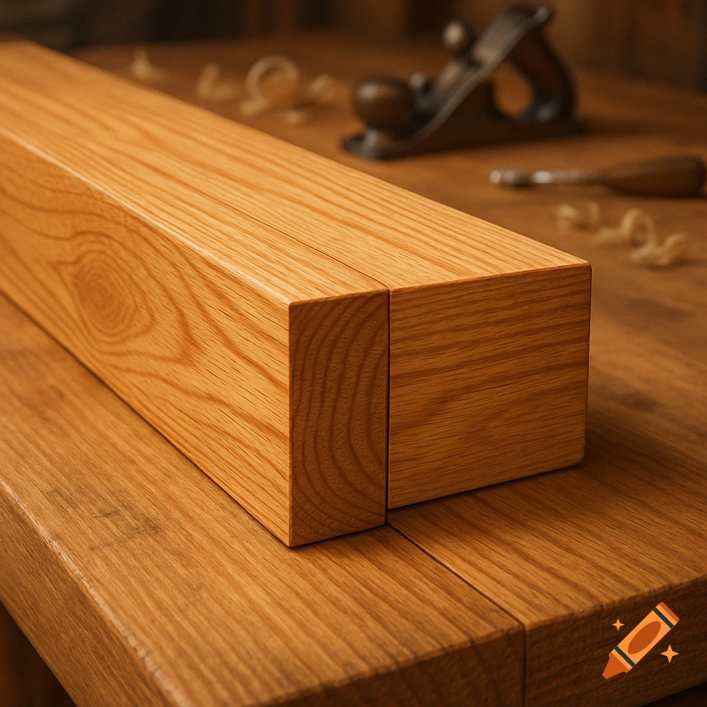 Photorealistic close-up of a precise wooden butt joint on a workbench, with blurred woodworking tools.