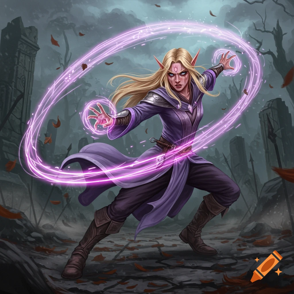 Light blonde elf in purple, casting a glowing purple air spell in a ruined medieval setting.