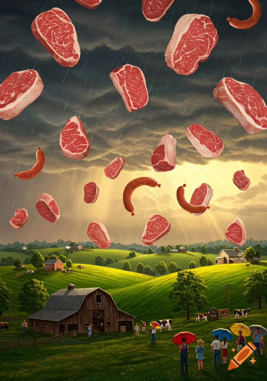Meat and sausages rain from a cloudy sky onto a green countryside with a barn, farmhouses, people with umbrellas, and cows.