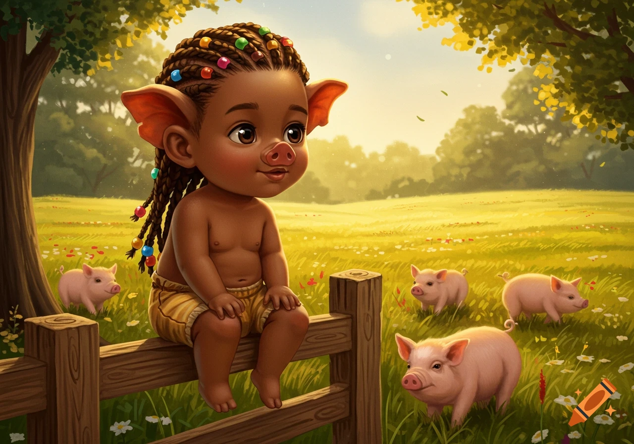 A cartoon human-pig child with braided hair and colorful beads sits on a wooden fence, surrounded by piglets in a sunny field.