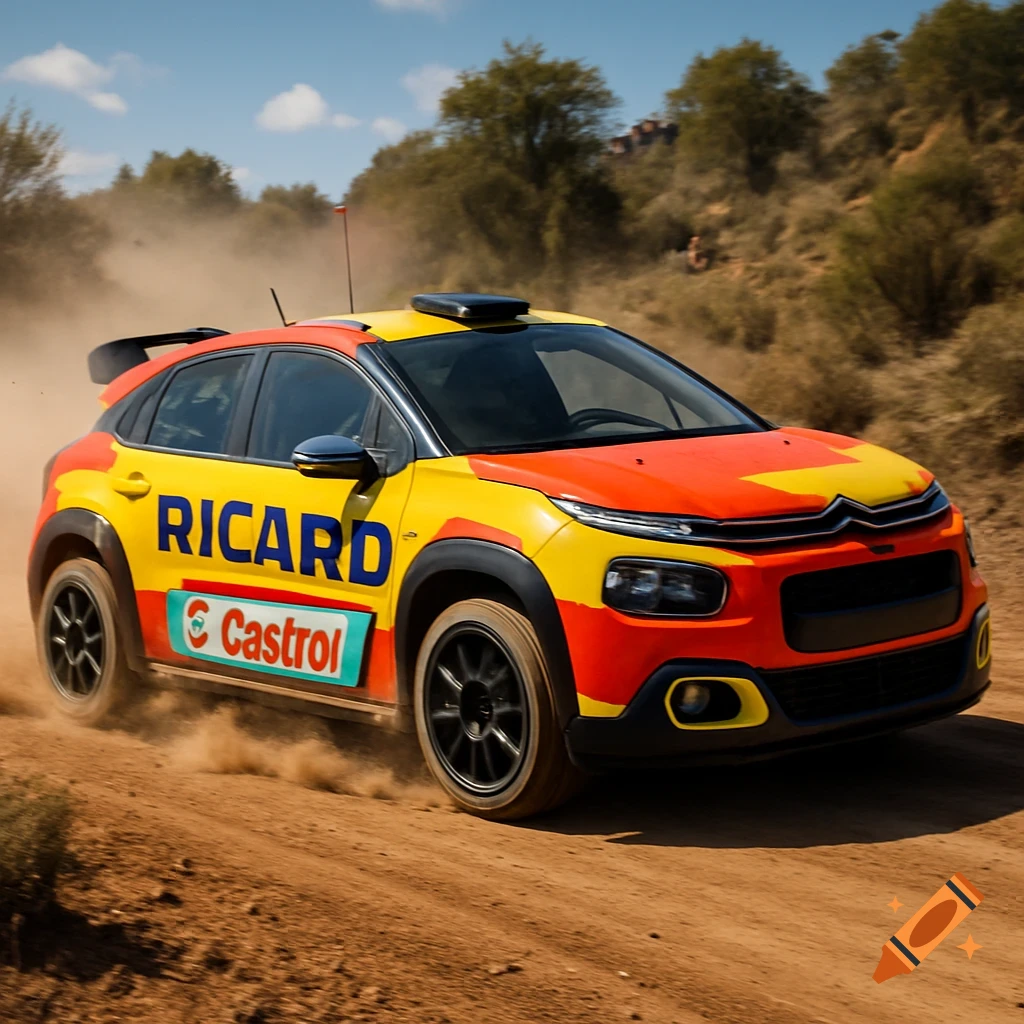 A yellow and red Citroën C4 Cactus rally car, sponsored by Ricard and Castrol, races on a dusty dirt track under a blue sky.