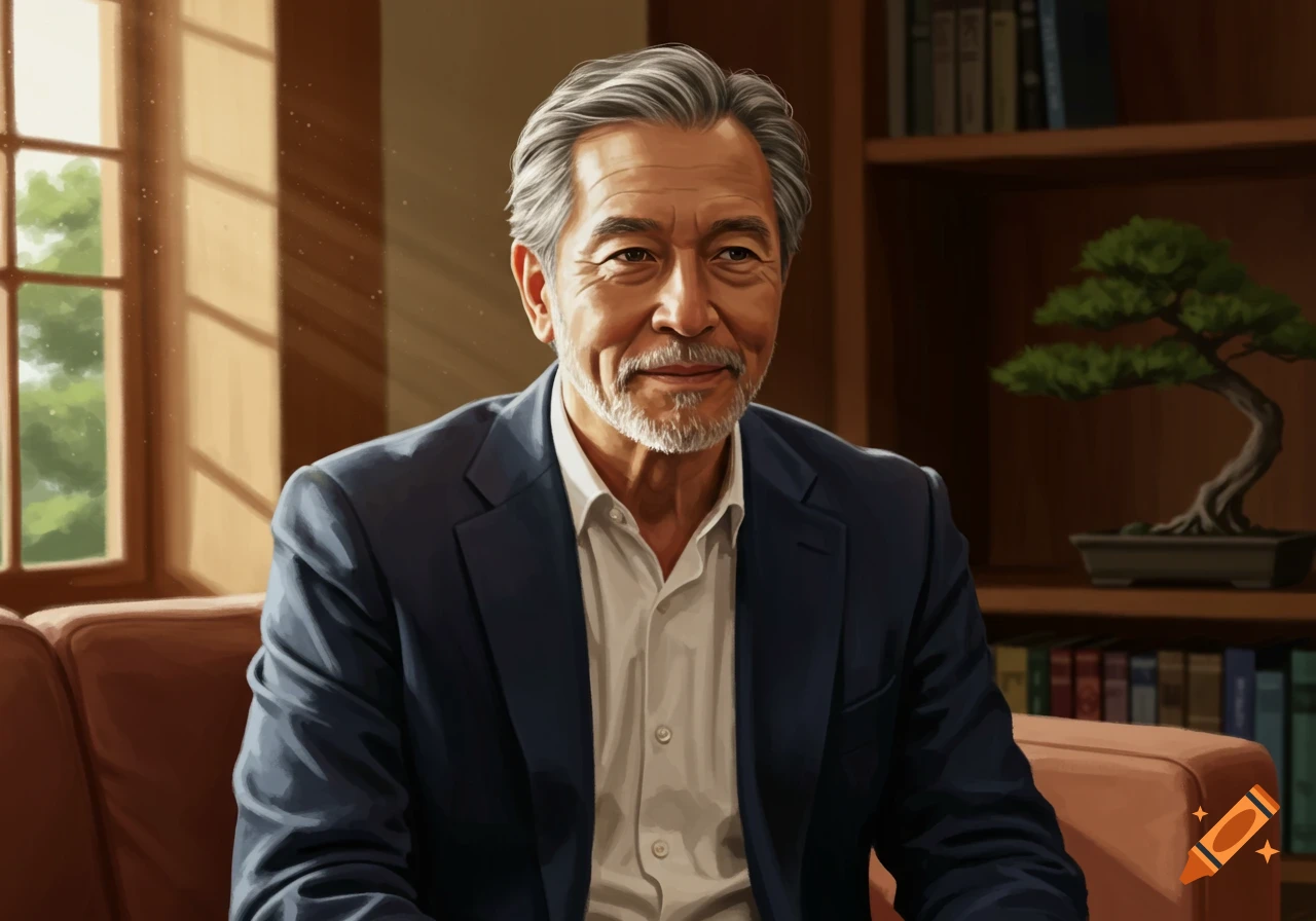 Digital painting of a wise-looking older man with gray hair and beard, wearing a suit, sitting in a sunlit study.