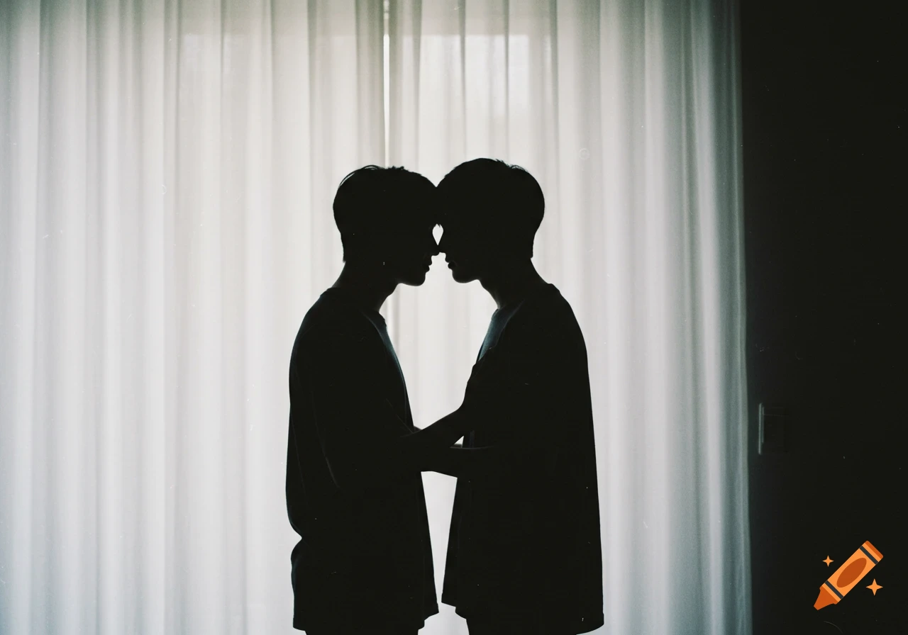Silhouettes of two people with heads touching, embracing in front of a white curtain.