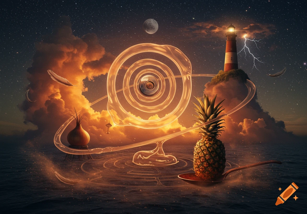 A surreal night seascape featuring a lighthouse on a cloud, a pineapple on a spoon, an onion, and a glowing energy spiral under a starry sky.
