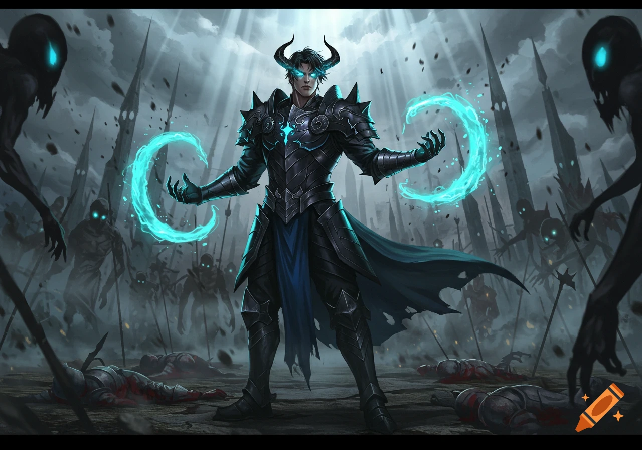 A horned warrior in dark armor with glowing blue eyes and magic orbs stands on a battlefield with shadowy figures and fallen soldiers.