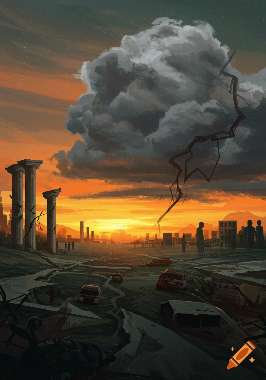 A desolate, ruined city at sunset, with broken columns, destroyed cars, and a distant skyline under an ominous cloud.