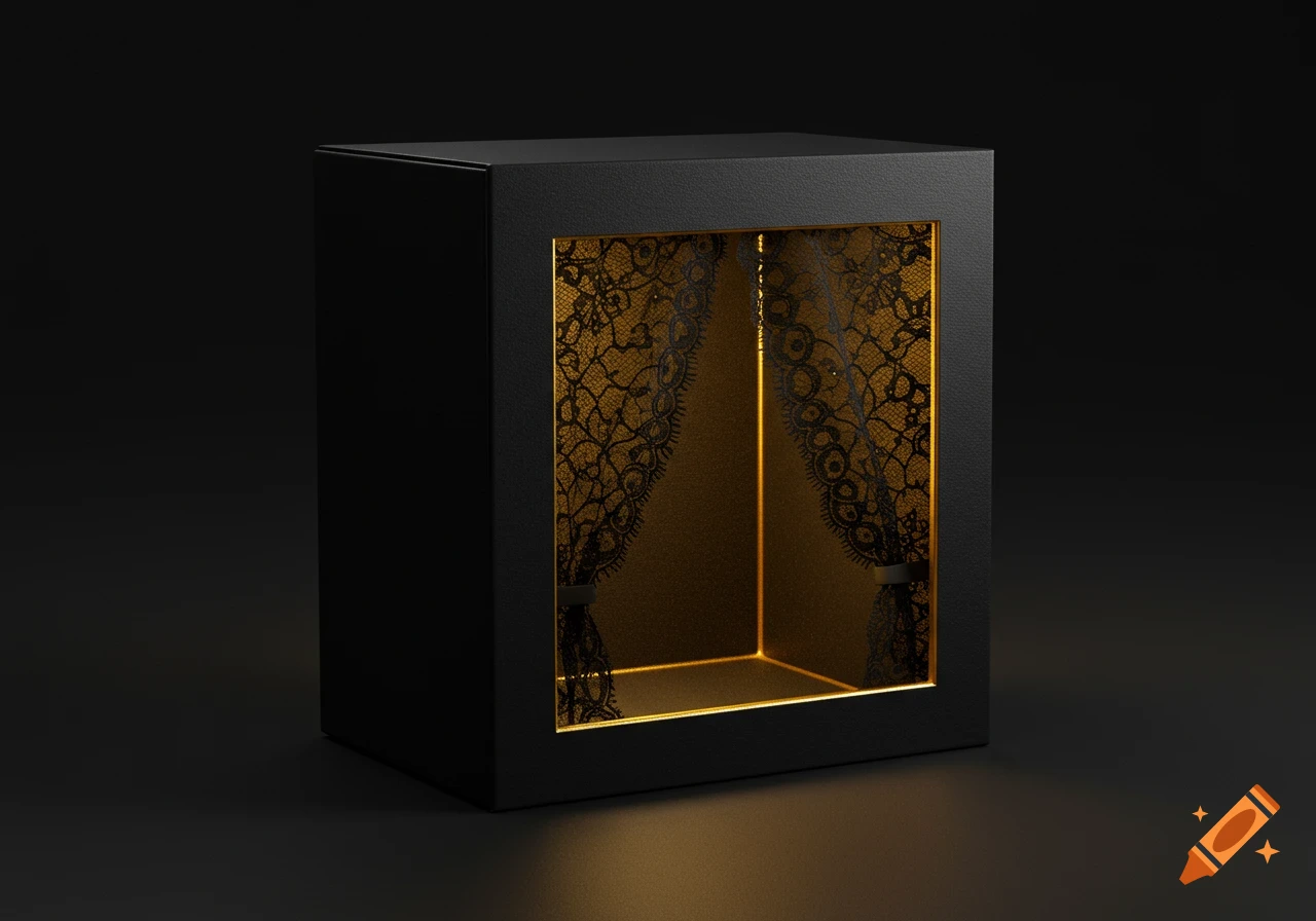 Black cardboard box with a square window revealing a golden interior and black lace curtains, on a dark background.