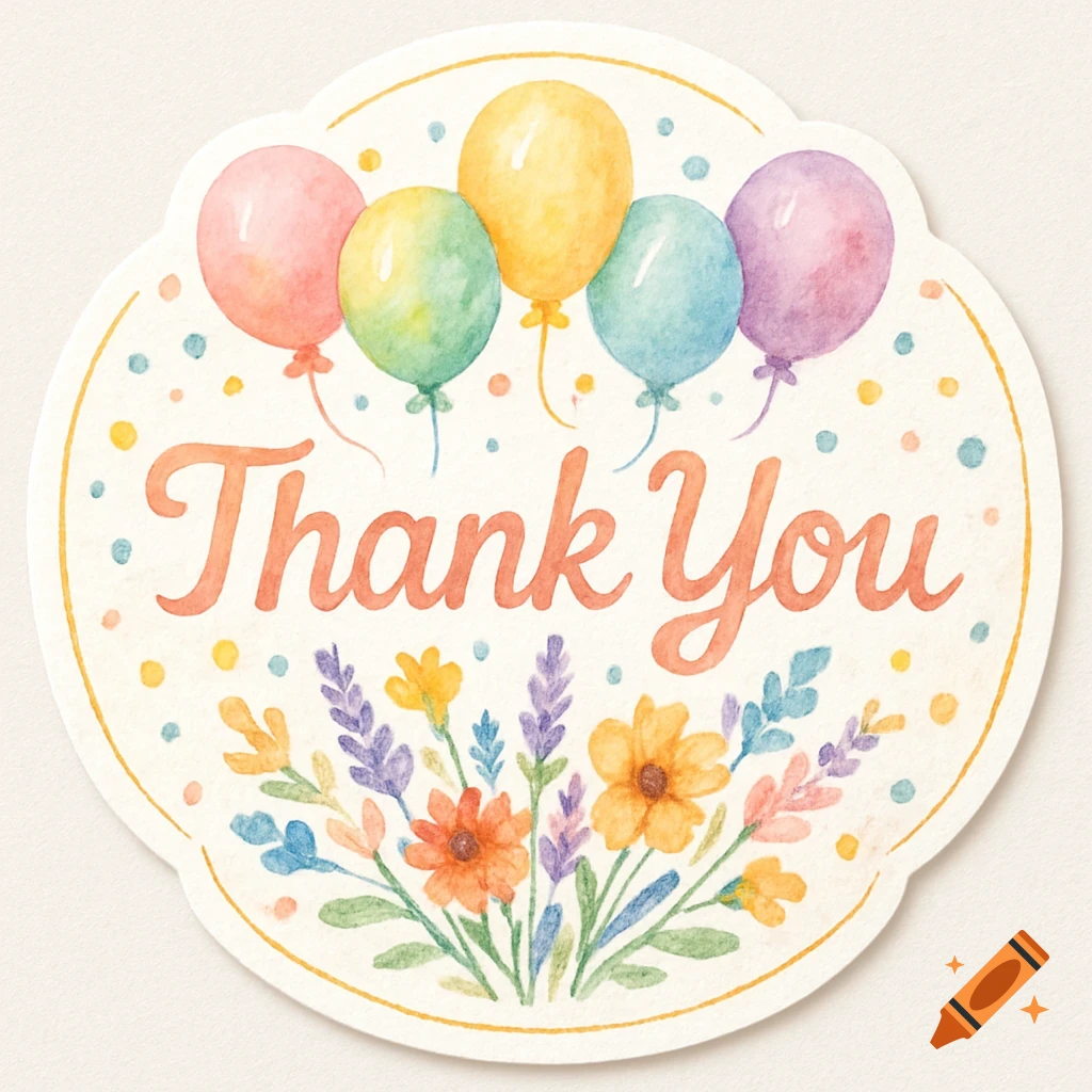 A watercolor sticker featuring 'Thank You' text, colorful balloons, and a bouquet of flowers.