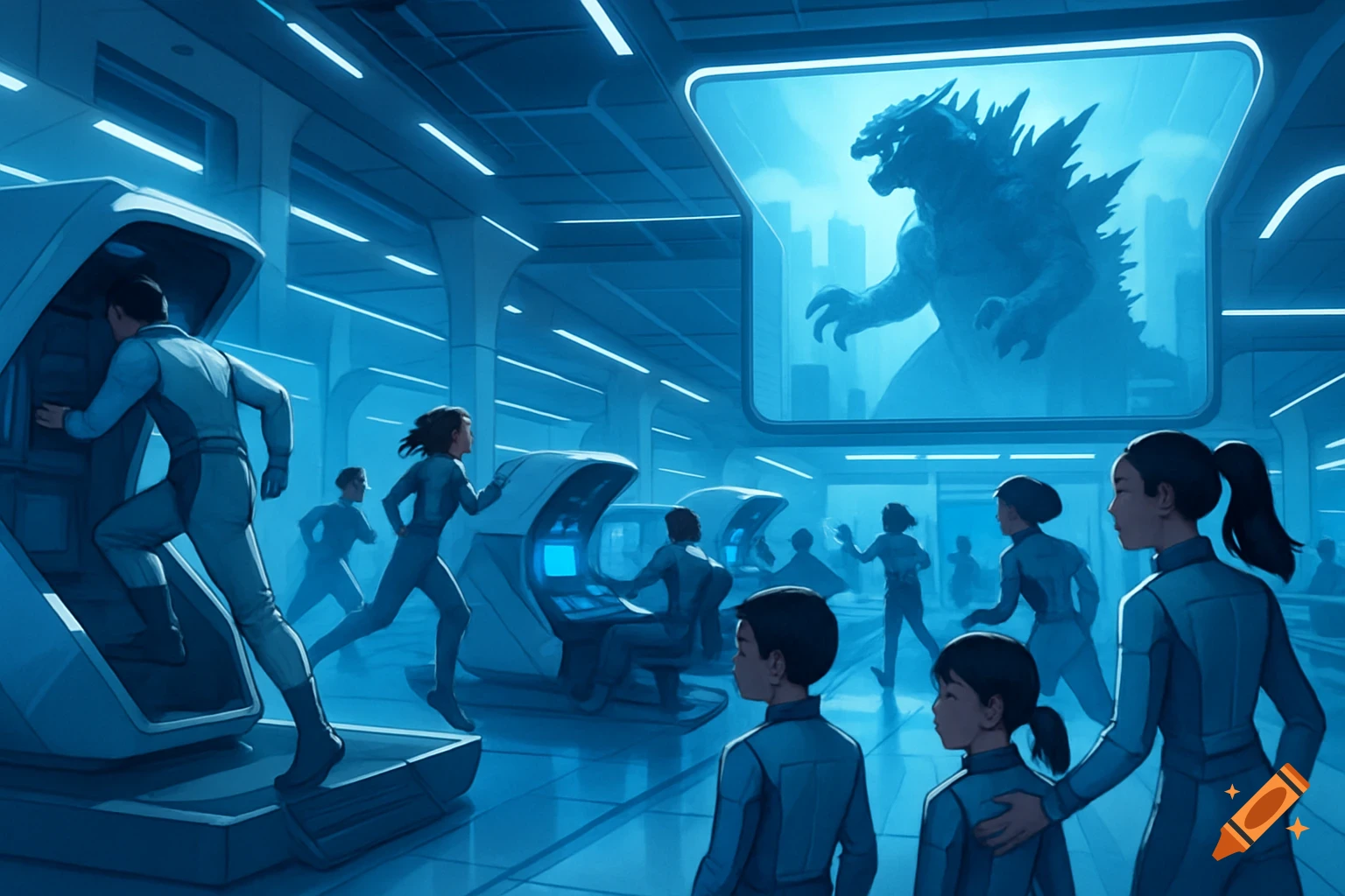 People in blue suits train in a futuristic, blue-lit facility with flight simulators as Godzilla appears on a large screen.