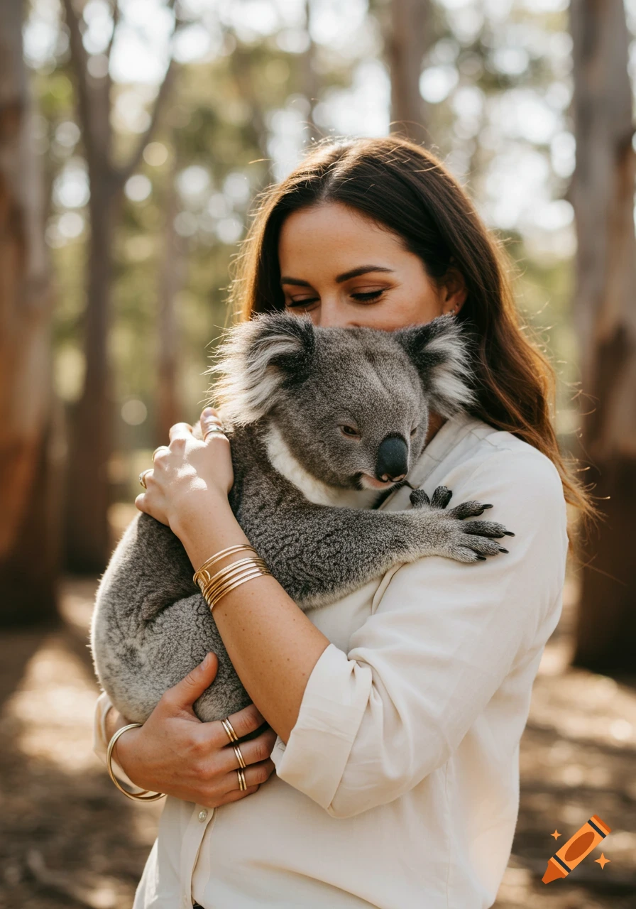 A woman in a white shirt gently hugs a koala in a sunny outdoor setting, wearing gold rings and bracelets.