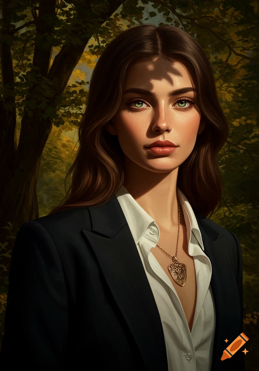 A realistic oil painting of a young woman with dark hair and green eyes, wearing a black blazer and white shirt with a gold pendant, standing in a sun-dappled forest.