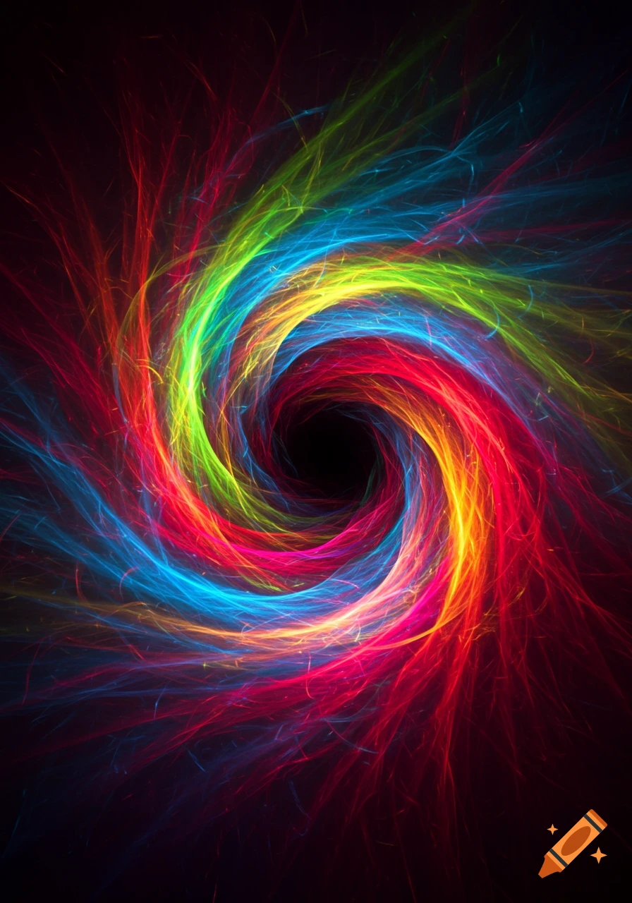 A vibrant, swirling vortex of red, green, blue, and yellow light on a dark background.