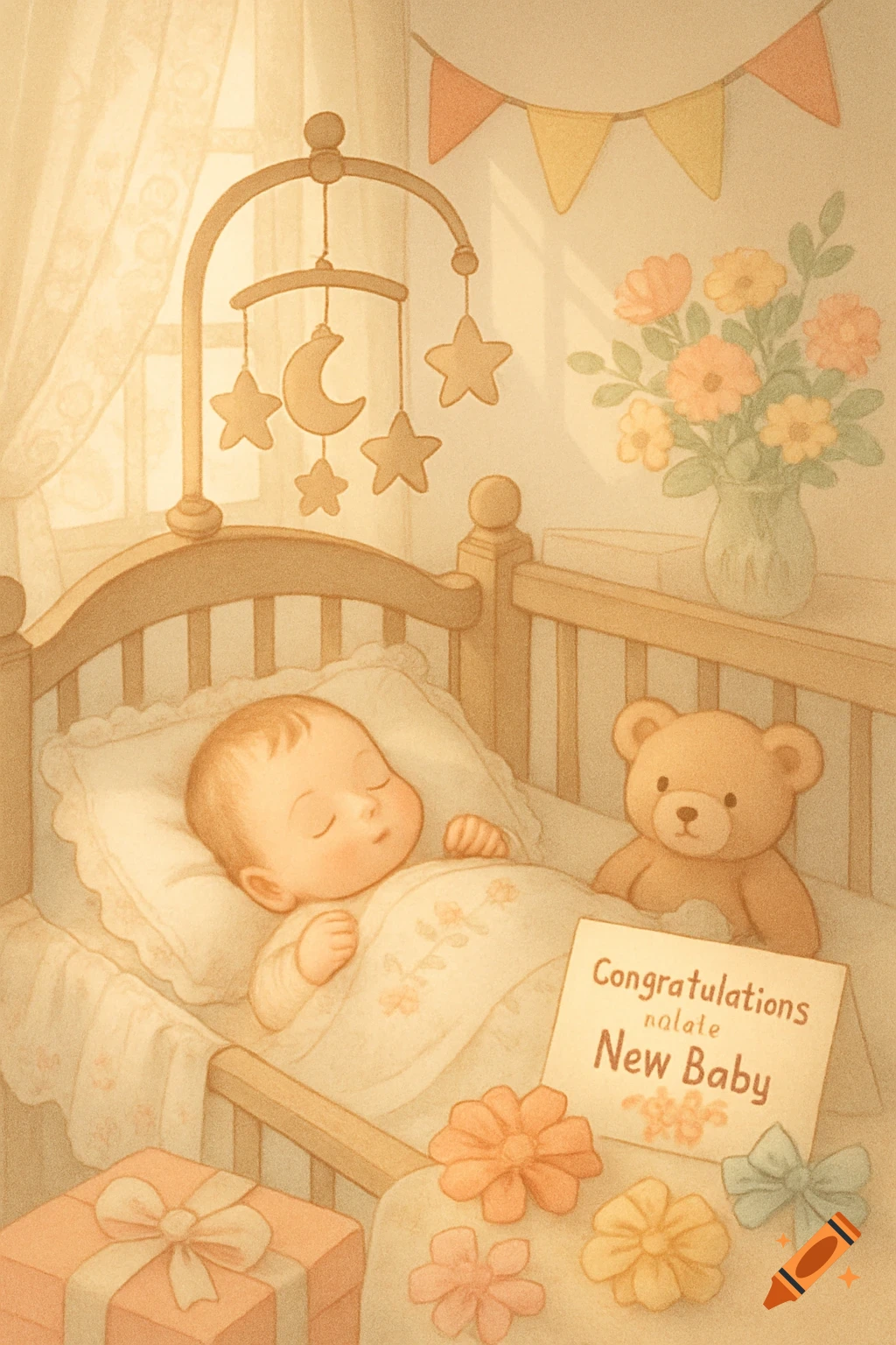 A soft illustration of a sleeping baby in a crib with a teddy bear, mobile, gift, and a 'Congratulations New Baby' card.