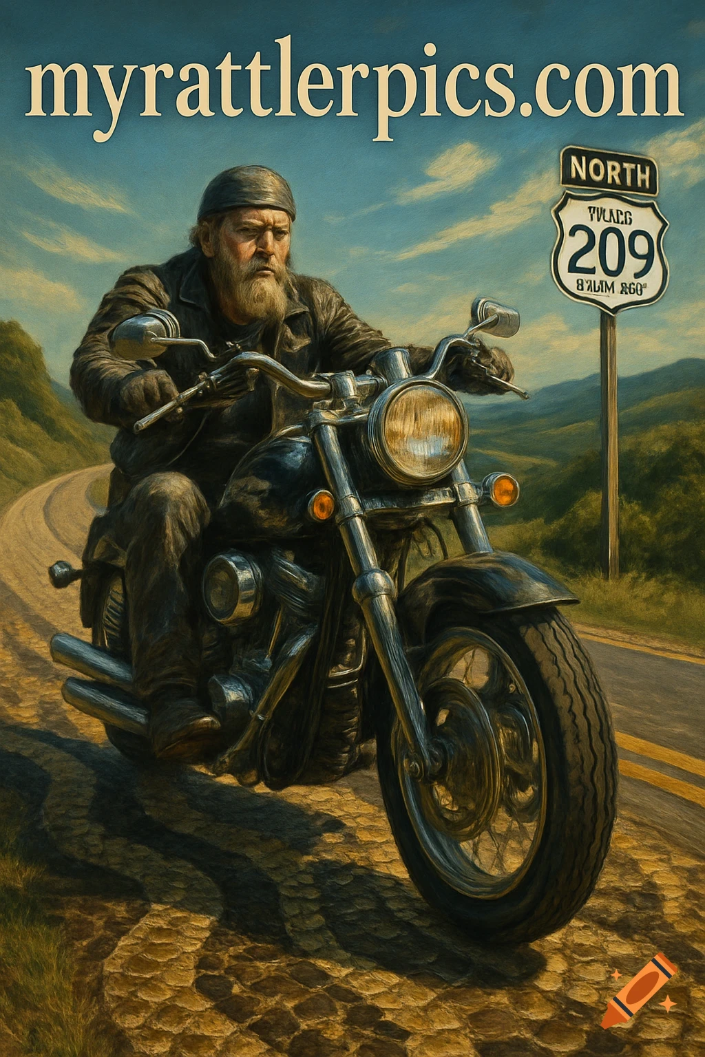 An oil painting of a bearded biker on a black motorcycle riding on a textured road beneath a sign for "NORTH 209" against a blue sky.