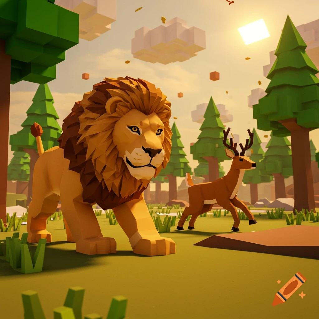 A low-poly lion and a deer walk through a blocky forest landscape under a square sun, in the style of a Roblox game.