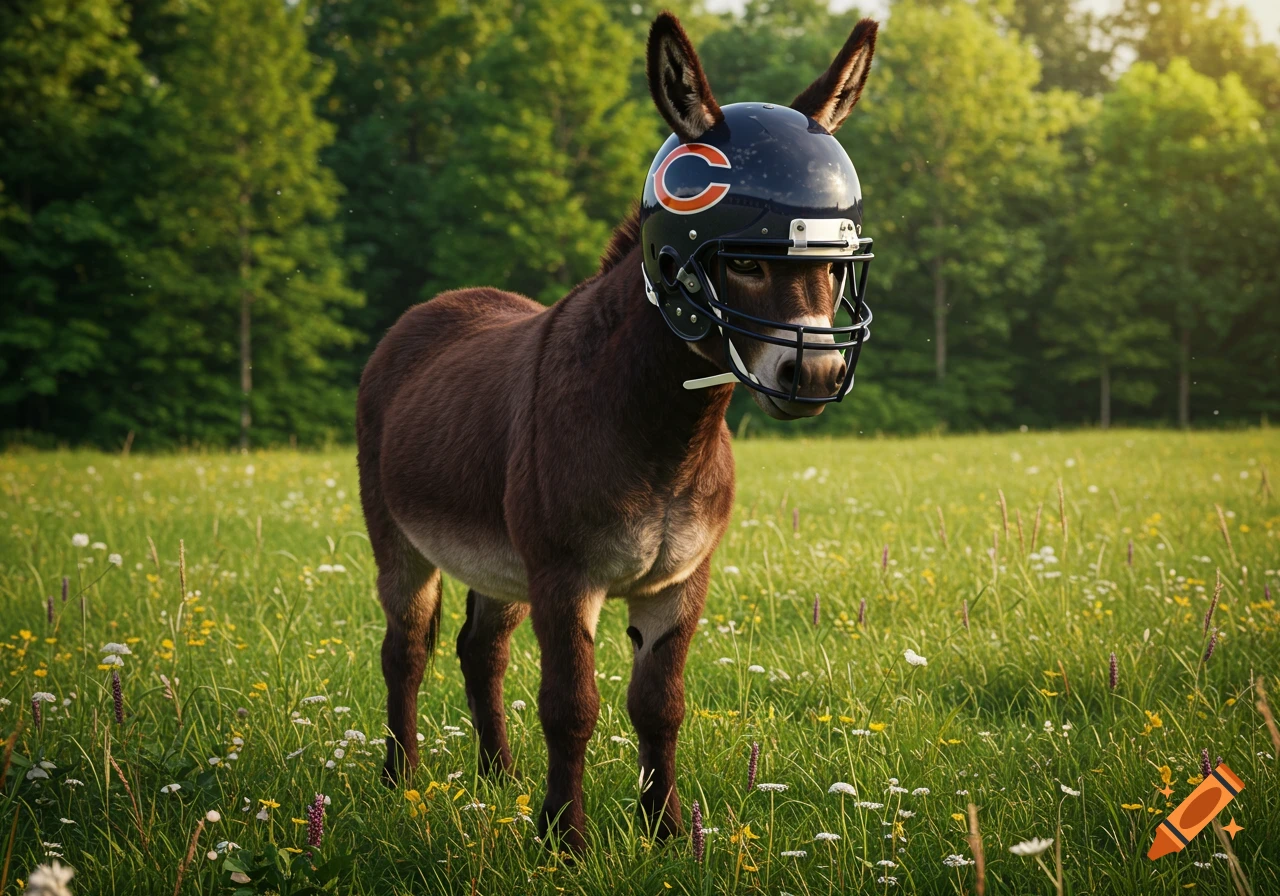 A brown donkey wearing a dark blue Chicago Bears football helmet stands in a sunny green field with wildflowers.