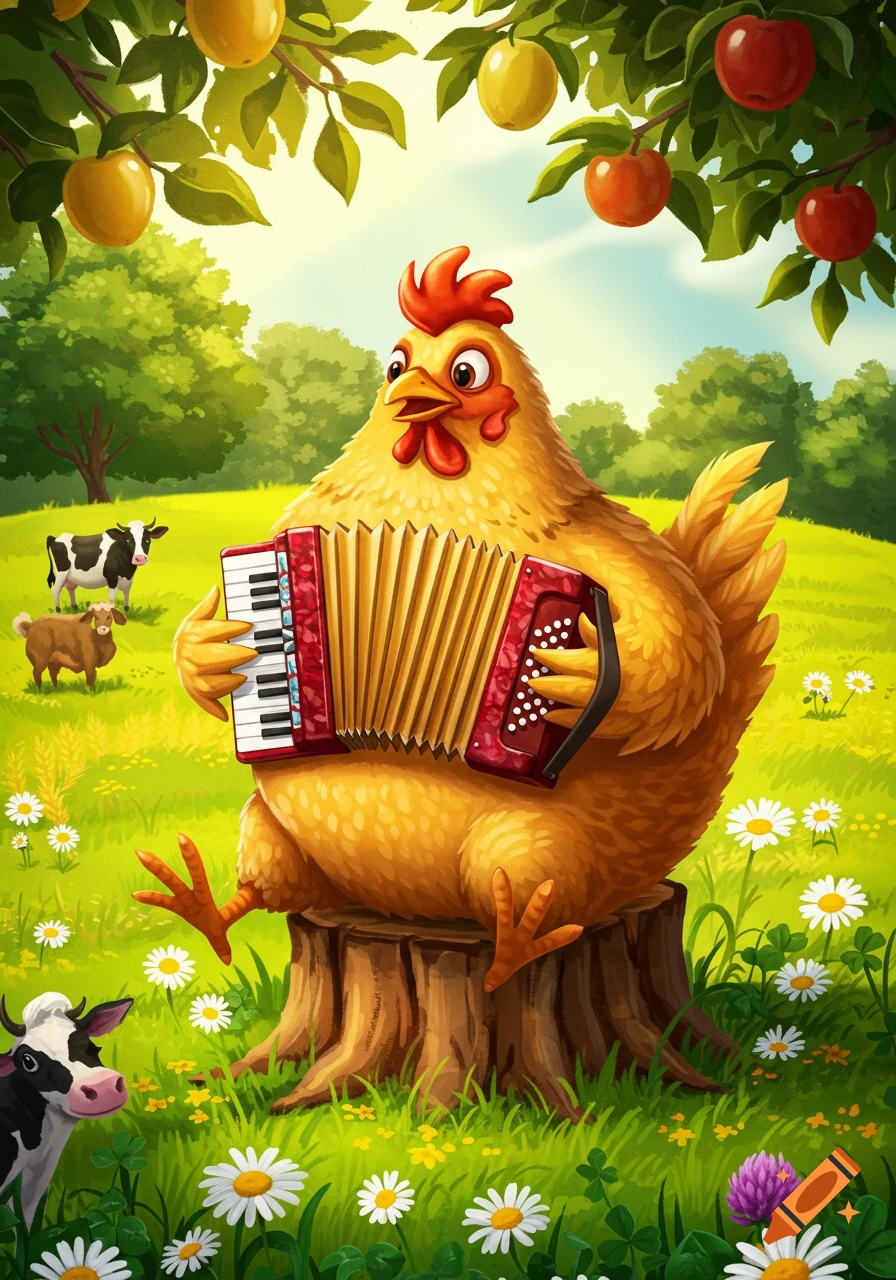 A whimsical cartoon chicken plays a red accordion while sitting on a tree stump in a sunny green field with cows, daisies, and apple trees.