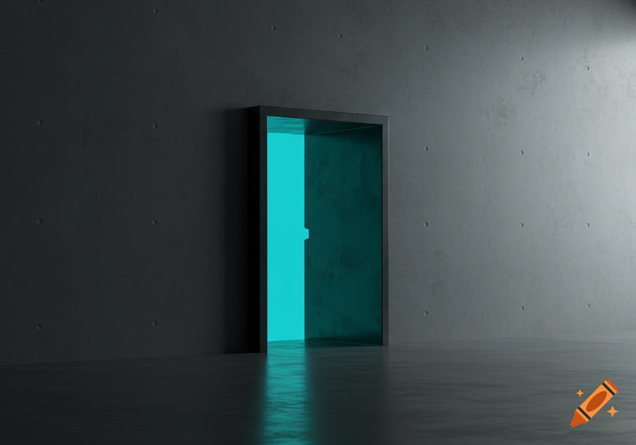 A concrete room with a black doorway emitting a bright cyan light.