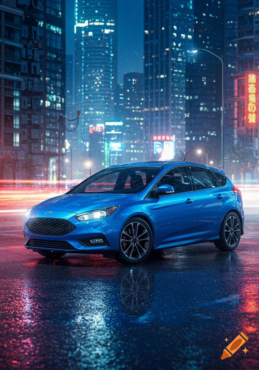 A blue Ford Focus car parked on a wet city street at night, reflecting neon lights from tall buildings and light trails in the background.