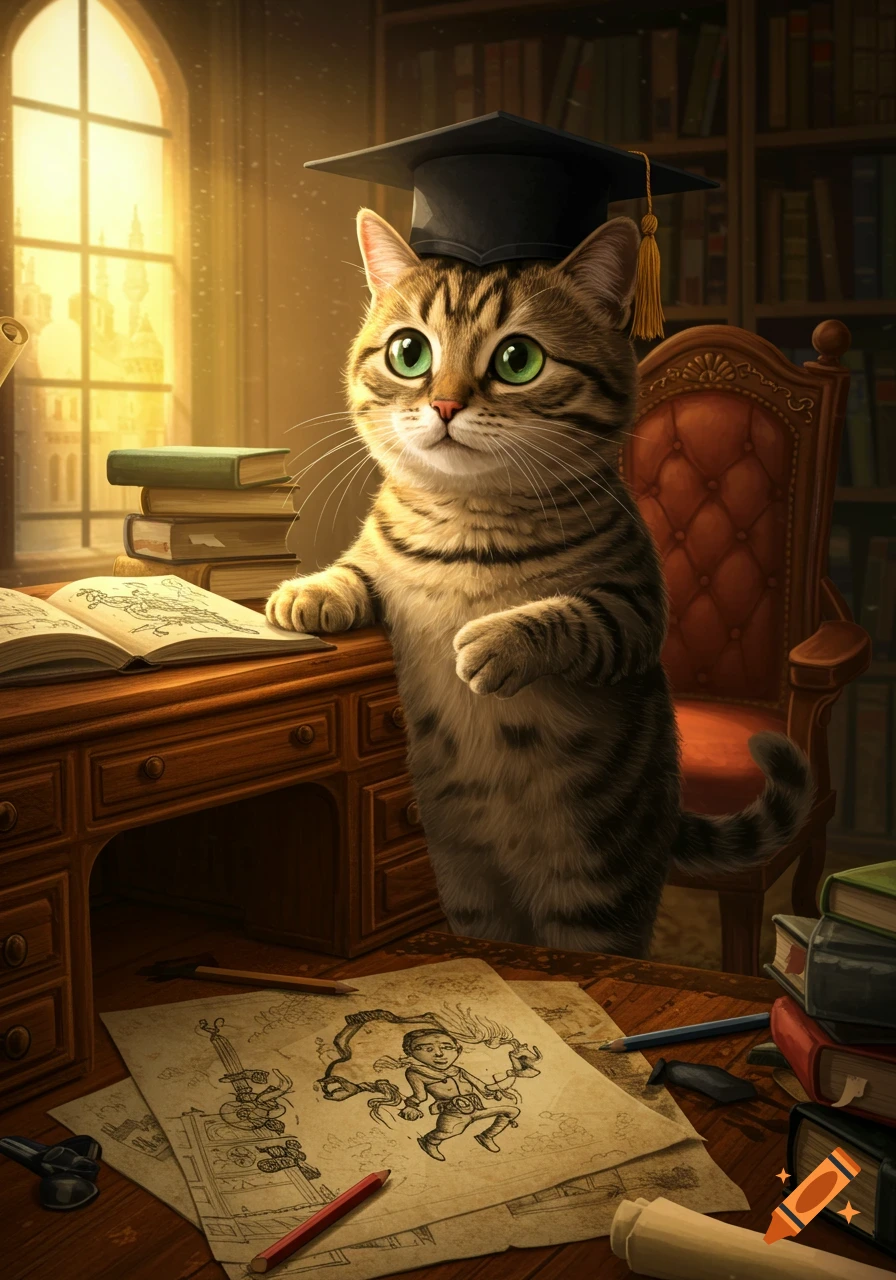 A cute tabby cat wearing a graduation cap stands at a wooden desk with books and drawings in a sunlit library.