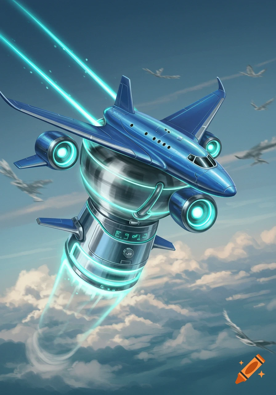 A sleek blue futuristic aircraft with glowing engines flies through a cloudy sky, leaving a bright trail. Several other faint aircraft are in the background.