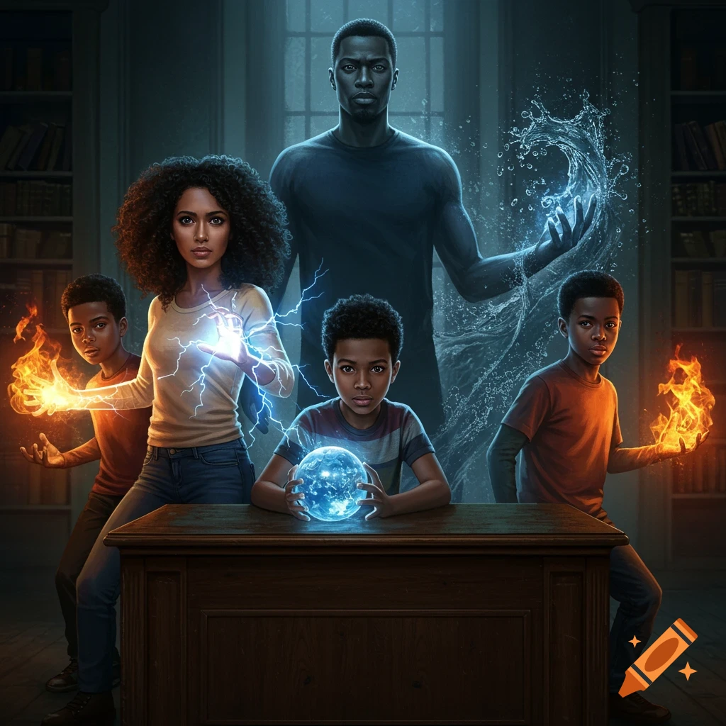 A diverse family with superpowers in a dim library: a man controls water, a woman electricity, and boys wield fire and a glowing orb.